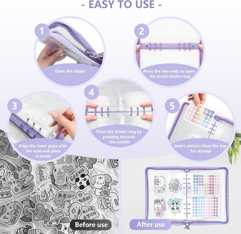 NOCAFI Sticker Organizer Binder Storage Book A5 Reusable Sticker Book Collecting Holder Display Album with 220 Pockets and Zipper Closure (Purple) - Image 5